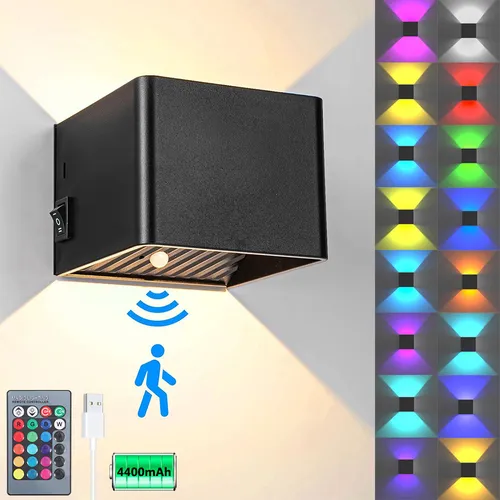 LED-Wandleuchte 15 RGB-Farben Dimmbare,Fernbedienung kabellose Moderne Wandlampen Aussen Auf und ab für Wohnzimmer Schlafzimmer Flur,Schwarz