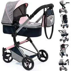 Bayer Design Neo Vario Puppenwagen - Grau/Blau, 52cm - Puppenwagen für Puppen bis 52 cm, wandelbar als Puppenjogger, mit verstellbarem Griff und schwenkbaren Vorderrädern für einfaches Kurvenfahren. Inklusive passender Tasche und Korb.