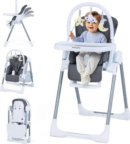 COSTWAY Kinderhochstuhl, Babystuhl mit Liegefunktion, Rückenlehne, Spielbügel & Rollen, Babyhochstuhl für Kinder ab 6 Monaten (Dunkelgrau)