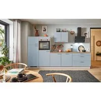 pino Küchenzeile 310 cm Pastellblau mit Elektrogeräten - Gestalte deine Traumküche! Diese 310 cm lange Küchenzeile in Pastellblau bietet hochwertigen Stauraum und enthaltene Elektrogeräte. Der praktische Vollauszug und die Softclose-Technik sorgen für hohen Komfort beim Kochen.
