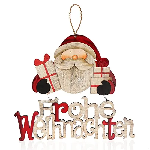 com-four® Hängedeko Weihnachten - Holz-Aufhänger Schriftzug mit Santa Claus - Türschild FROHE WEIHNACHTEN aus Holz - Hänger für Türen, Wände, Fenster (Santa mit Geschenken)