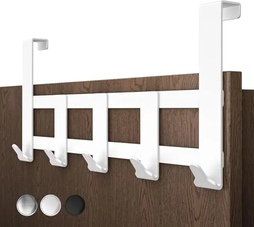 Menz Premium Türgarderobe zum Einhängen, 5 Haken - Weiße Türhaken zum Einhängen aus Edelstahl, extrem belastbare Kleiderhaken Tür, hochwertige Türhakenleiste, universeller Handtuchhalter Tür