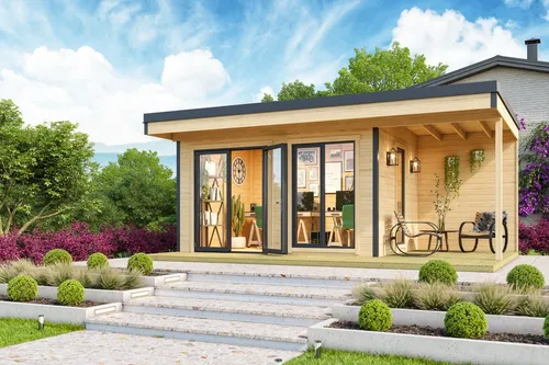Gartenhaus Blockhaus Pultdach 44 mm Domeo 7 - Gartenhaus aus hochwertigem Holz mit 44 mm Wandstärke, abschließbar und ideal für Gartenliebhaber. Bietet 11,39 m² Nutzfläche für Ihre Geräte und Freizeit.