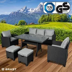 Polyrattan Garten Sitzgruppe DELIGHT-7 schwarz/grau - Gartenmöbel-Set mit TÜV-zertifizierter Qualität, ideal für 7 Personen. Hochwertiges Halbrundrattan und extra dicke Kissen bieten unvergleichlichen Komfort und Langlebigkeit.