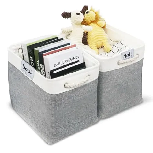 Lrocotanc 2er Set Aufbewahrungsbox Stoff 45x40x30 cm – Faltbare Aufbewahrungskörbe mit Seilgriffen – Große Regalkörbe für Kallax Regal Kleiderschrank Spielzeug Bücher Kleidung Kinderzimmer Grau Weiß