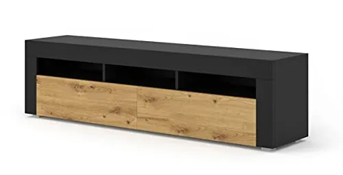 BIM Furniture TV Lowboard Moreno – TV Möbel Stehend 160 x 34,6 x 43 cm, Push-to-Open, Modern TV Schrank Wohnzimmer – Schwarz Matt/Eiche Artisan