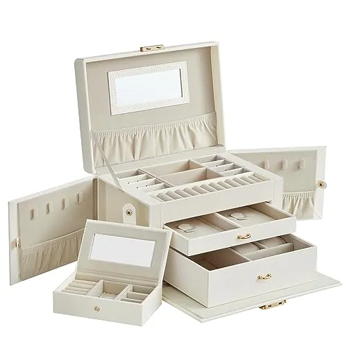 SONGMICS Schmuckkästchen 3 Ebenen, Schmuckkasten 2 Schubladen, tragbare Mini-Box für Reisen, mit Griff, abschließbar, Geschenkidee, PU-Bezug in Klassikweiß, Innenfutter in Cremeweiß JBC121W02