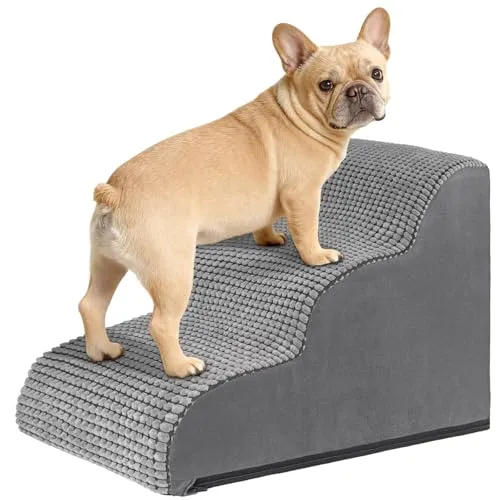 VSIWB Hundetreppe für Kleine Hunde 40 cm Hoch, 3 Stufen Haustiertreppe für Bett und Sofa, Hunde Treppe Hunderampe mit Waschbarem Bezug und Rutschfestem Boden, Hochdichtem Schwamm 57x40x40cm, Grau