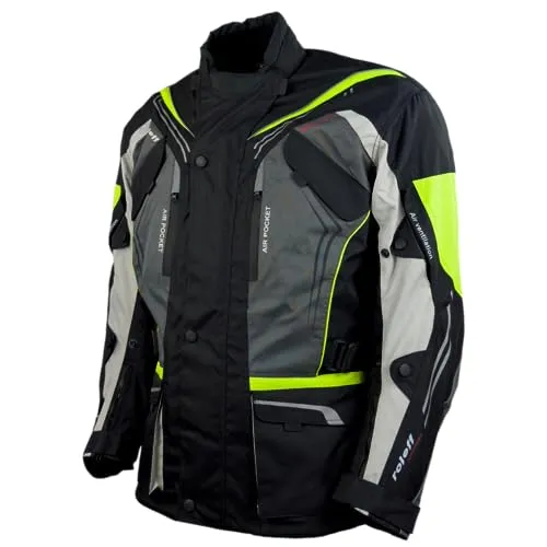 Roleff Motorradjacke Schwarz-Grau mit Neon-Elementen - Schutzjacke aus Kodra 500 D mit herausnehmbaren CE-Protektoren und Wind-Tex Klimamembrane, die atmungsaktiv und wasserabweisend ist. Ideal für Sicherheit und Komfort beim Fahren.