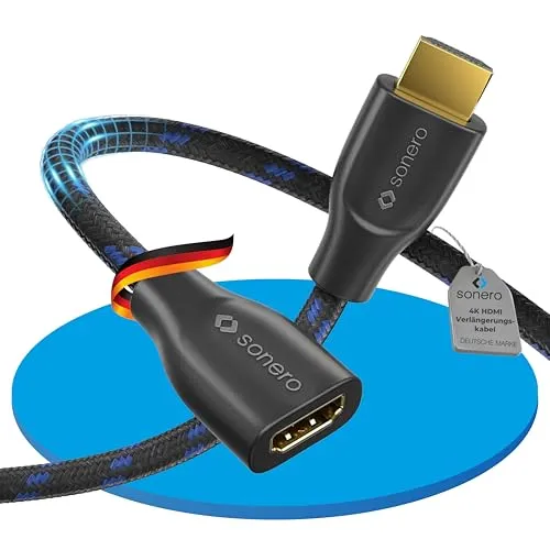Sonero® 4K HDMI Verlängerungskabel, Premium High Speed, 4K 60Hz, HDMI-Stecker auf Buchse, vergoldete Kontakte, zweifache Abschirmung, Baumwollmantel, 1,00m