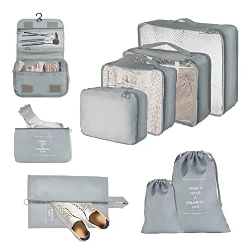 JOPHEK Reise Koffer Organizer Set 9-Teilige Packing Cubes, Multifunktionale Wasserdichte Packwürfel Kompression, Kofferorganizer, Kleidertaschen, Schuhbeutel, Kosmetiktasche für Reisen, Grau