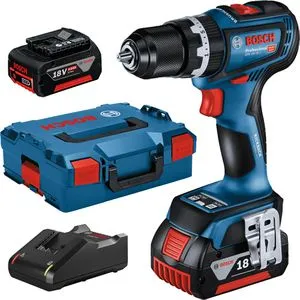 Bosch Akku-Schlagbohrschrauber GSB 18V-90 C - Akkuschrauber mit 2 Akkus und Ladegerät, ideal für präzises Bohren und Schrauben dank KickBack Control und leichtem Design für müheloses Arbeiten.