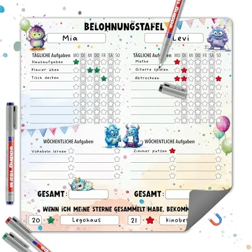 TOBJA Magnetische Belohnungstafel Kinder – Monster Design, für 2 Kids, täglichen & wöchentlichen Aufgaben | Routine Planer Morgen- & Abendroutine | 30 x 30 cm, abwischbar (Monster inkl. 4 Stifte)