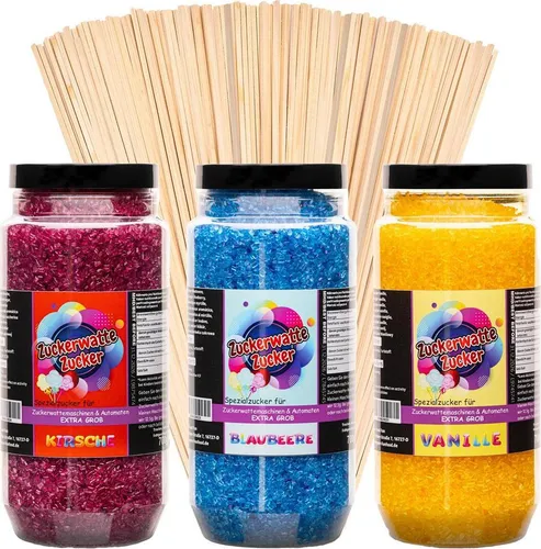 Zuckerwatteset Grob 3x700 g - Blaubeere, Kirsche, Vanille - Sonstige Süßigkeiten - Hochwertiger Zucker von Südzucker in 3 Sorten, ideal für selbstgemachte Zuckerwatte und als Geschenk geeignet.