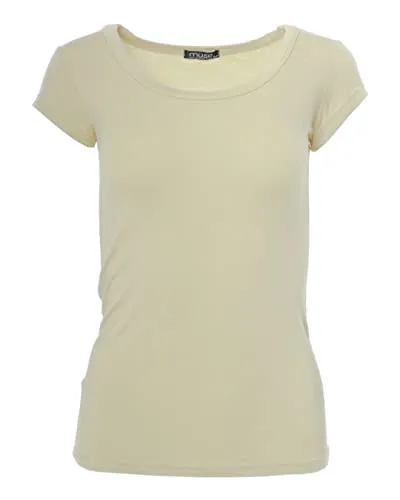 Easy Young Fashion - Damen Basic Rundhals T-Shirt - Kurzarm Unterziehshirt Skinny Fit 1001 - Beige L