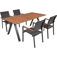 Tischgruppe DAVINA Set 08, 5-tlg. - Gartenmöbel-Set mit elegantem Design und nachhaltigen Materialien. Perfekt für Mahlzeiten im Freien mit vier bequemen Stapelstühlen und einem stilvollen Tisch in Anthrazit und Dunkelgrau.