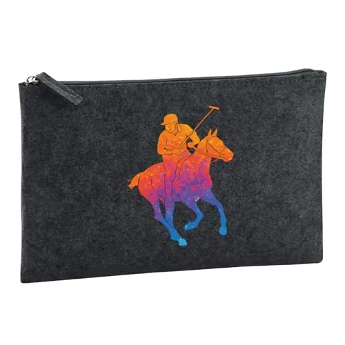 Huuraa Kulturbeutel Polo Spieler Bunte Silhouette Geschenk | Reise Kulturtasche 1 Liter Schminktasche Charcoal Filz Dunkelgrauer Kosmetiktasche Geschenkidee Kosmetikbeutel