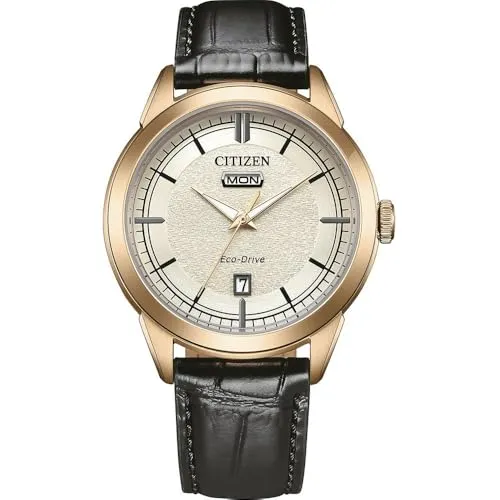 Citizen Eco-Drive Solar Herrenuhr Schwarz/Goldfarben AW0153-04AC - Elegante Herrenuhr mit solarbetriebenem Quarzwerk, schwarzem Lederarmband und goldfarbenem Edelstahlgehäuse. Ideal für stilbewusste Männer, die Wert auf Qualität legen.