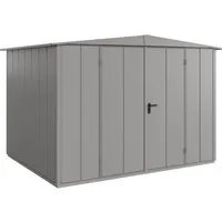 Gartenhaus Hörmann EcoStar Elegant-S Typ 3 RAL9007 - Metall Gartenhaus mit Satteldach, graue Doppeltür und großzügige 323,6 x 247,7 cm, ideal für die sichere Aufbewahrung von Gartenutensilien.