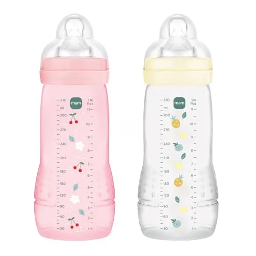 MAM Easy Active 6+ Monate, Farbe Beere + Perle (2 x 330 ml) – mit Silikonsauger, ultraschneller X-Geschwindigkeit, für Babys mit luftdichtem Verschluss