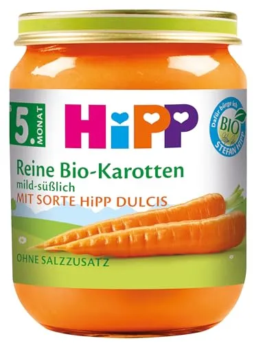 HiPP Reine Bio-Karotten (Sorte Dulcis) (6 x 125g), Babygläschen ab 5. Monat, glutenfrei, ohne Salzzusatz, für den Beikoststart