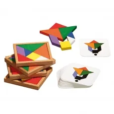 Speed-Tangram Puzzle für 2-4 Personen - Gesellschaftsspiel für kreative Denksportler, mit 30 Aufgaben und 4 Sets aus hochwertigem Buche und Hevea-Holz für stundenlangen Spielspaß.