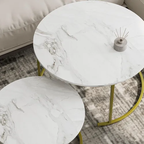 Couchtisch Rund 2er Set, Wohnzimmertisch Gold Metall, Marmor-Optik Weiß
