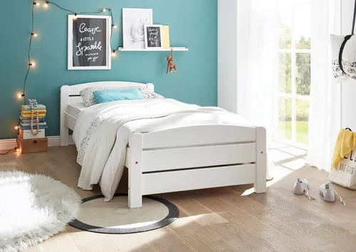Bett 90x200 Kinderbett Jugendbett aus massivem Kiefernholz IVI Weiß - Modernes Einzelbett aus massivem Kiefernholz, ideal für Kinder und Jugendliche, mit einer Liegefläche von 90x200 cm und robustem Design.