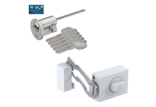 BASI Türzusatzschloss Kastenschloss (Spar-Set), im Set m. Außenzylinder, m. Sperrbügel, Drehknauf, Dornmaß 45mm, weiß