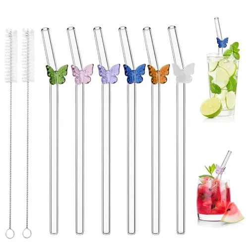 Stück Glasstrohhalme Glas Wiederverwendbar Trinkhalme, Trinkhalme Glas Gebogen mit Reinigungsbürsten für Säfte, Cocktails, Smoothie, Kaffee, Milch(Schmetterling) 6
