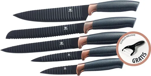 KING Messer-Set mit Sparspäler, 6-teilig in Carbon-Optik - Küchenmessersets mit hochwertiger Carbon-Optik und stilvollem Schwarz/Roségold Design, ideal für anspruchsvolle Köche.