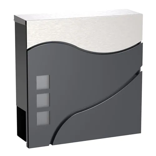 Wiltec Designer Briefkasten V28 Anthrazit - Wandbriefkasten aus pulverbeschichtetem Stahl, abschließbar mit Sichtfenstern und Zeitungsrolle, ideal für moderne Hausfronten und langlebig dank robustem Material.