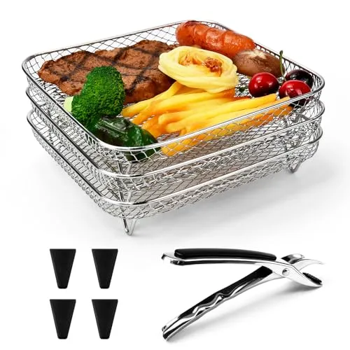LPAMABA 3 Stück 304 Edelstahl Air Fryer Racks Korb Stapelbar Luftfritteuse Racks Heißluftfritteuse Racks Luftfritteuse Korb Air Fryer Tray Grillrost Rack Air Fryer Heißluftfritteuse Zubehör