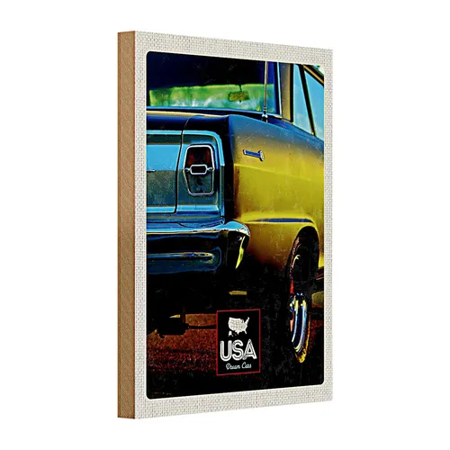 Holzschild Reise 20x30cm Amerika Oldtimer USA gelb Urlaub
