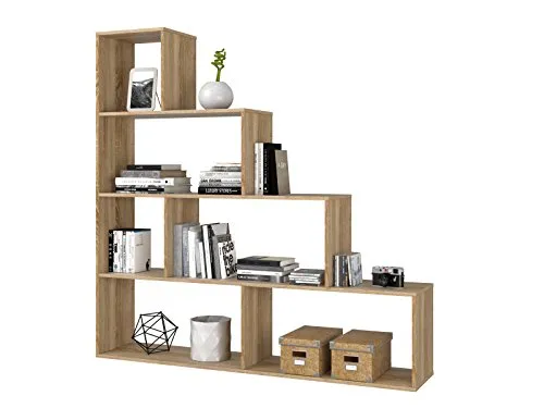habeig Stufenregal - Bücherregal Treppenregal Raumteiler 145x145cm, Made in Spain - Stufenregal in modernem Design, ideal als Raumteiler oder Wandregal. Bietet viel Stauraum mit 2 kleinen und 4 großen Fächern, perfekt für Dachschrägen und offene Wohnkonzepte.