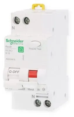 Schneider Electric R9D03616 FI/LS-Schalter Resi9 1P+N, 16A, B-Char., 10mA, Typ A - FI-Schutzschalter mit 16A Nennstrom, ideal für Wohngebäude. Bietet umfassenden Schutz gegen Fehlerströme (10mA) und Überlast mit hoher Nennstromstärke von 6kA.