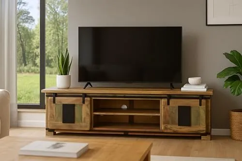 SAM Lowboard Libro II, Mangoholz massiv + bunt, TV-Board/Fernsehkommode mit 2 Holzschiebetüren & 6 offenen Fächern, Türelemente & Reling aus Eisen, 180 x 50 x 55 cm, Shabby Chic