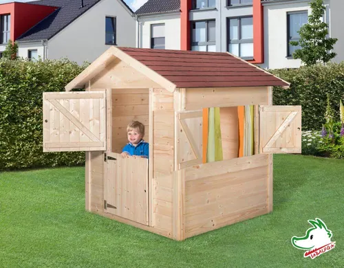Weka Kinderspielhaus Tabaluga Drachenhöhle Natur - Spielhaus aus 21 mm starken Blockbohlen, ideal für Kinder von 3 bis 10 Jahren. Klappbare Fensterläden und eine zweigeteilte Tür sorgen für ein realistisches Spielerlebnis im Garten.