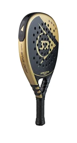 Dunlop Padelschläger Aerostar Team 365g - Diamant schwarz/gold - Tennisschläger mit Premium-Carbon-Konstruktion für maximale Leistung. Die Tri-Clamp-Verstärkung sorgt für Stabilität und Kontrolle, während das Power Holes-Bohrmuster zusätzliche Schlagkraft bietet.