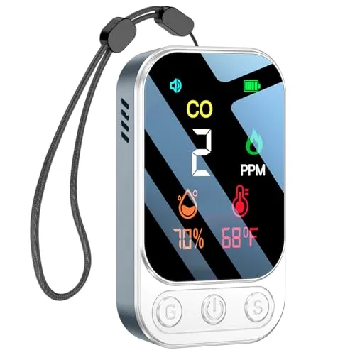 HAKINAKU Tragbarer CO-Melder Kohlenmonoxidmelder für Reise Camping Auto, Mobiler CO-Warner Warnmelder, CO-Messgerät CO-Messer mit Eingebauter Wiederaufladbarer Batterie, Weißgrau, HD09