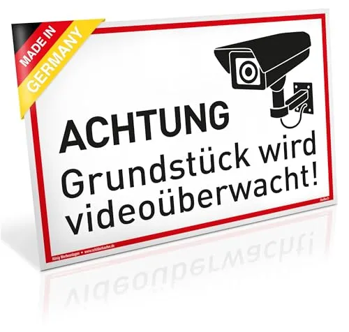 Schild Achtung Grundstück wird videoüberwacht! | PVC 30 x 20 cm | stabiles PVC Schild mit UV-Schutz | weiß | Videoüberwachung Kameraüberwachung Kameraüberwacht | Dreifke®