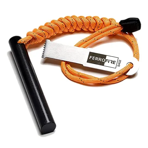 FERROFIRE FS124 Heavy-Duty Ferrostab Feuerstarter mit 12,7mm x 101,6mm Ferrocerium-Stab, Magnesium-Feuerstein und Stahl-Ferro-Rod Striker 550 Paracord-Lanyard-Griff für Camping-Notfallüberleben