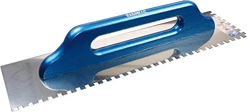 Schweizer Glättekelle 10 x 10 gezahnt, aus rostfreiem Edelstahl, Aufziehplatte, Traufel, Aufziehglätter, mit Zahnung, mit Holzgriff