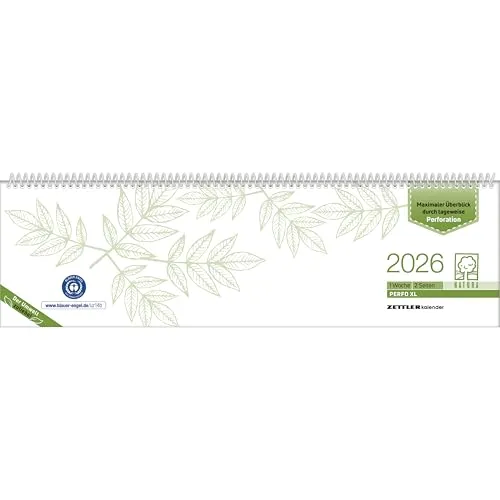 Zettler Tischquerkalender 1W/2S PERFO XL Blauer Engel 2026 – Wochenkalender 36 × 11 cm mit Recyclingpapier & Stundeneinteilung 7–20 Uhr, abtrennbare Tage für Büro, Schule & Homeoffice