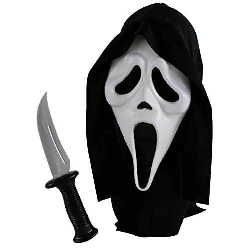 Scream Ghost Gesichtsmaske und Messer - Masken & Brillen für Erwachsene, hochwertige Verarbeitung und atmungsaktiv für maximalen Tragekomfort bei Halloween oder Kostümpartys.