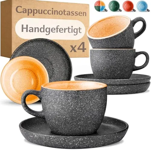 Cosumy Cappuccino Tassen mit Untertassen 4er Set - 200ml Kaffeetassen aus Keramik - 𝗗𝗶𝗰𝗸𝘄𝗮𝗻𝗱𝗶𝗴𝗲𝘀 Steingut mit Handgefertigter Reaktiver Glasur in Gelb - Hält Lange Warm