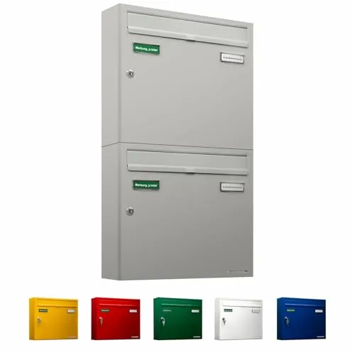 AL Briefkastensysteme Basic 2er Briefkasten RAL 9006 - Wandbriefkästen, wetterfestes Design mit lebenslanger Garantie gegen Durchrostung und 2 Namensschildern für Mehrfamilienhäuser.