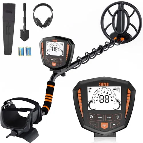 SUNPOW Metalldetektor Profi Set, IP68 Wasserdicht Spule, Identifiziert 9 Arten Von Metallen, Hohe Genauigkeit, 10 Zoll Detektionstiefe, 5 Modi, Starke Anti-Interferenz, Geeignet für Erwachsene Kinder