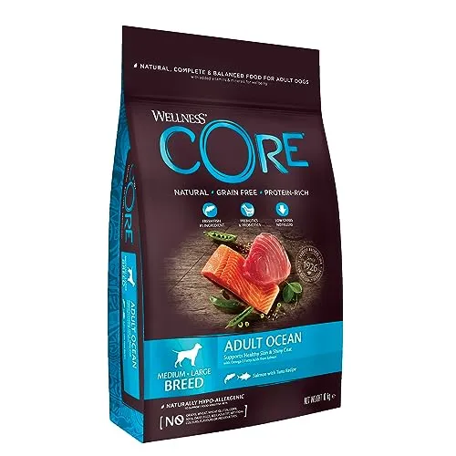 Wellness CORE Ocean Hundefutter, 10 kg - Getreidefreies Trockenfutter mit 34% hochwertigem Protein aus frischem Lachs und Thunfisch, fördert ein glänzendes Fell und gesunde Verdauung für ausgewachsene Hunde.