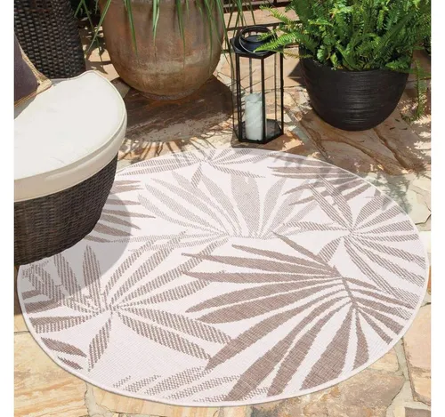 carpet city Outdoor-Teppich Beige Floral Rund 160x160 cm - Vielseitiger Wendeteppich für Innen und Außen, pflegeleicht, UV-beständig und ideal für jeden Raum oder Gartenbereich.